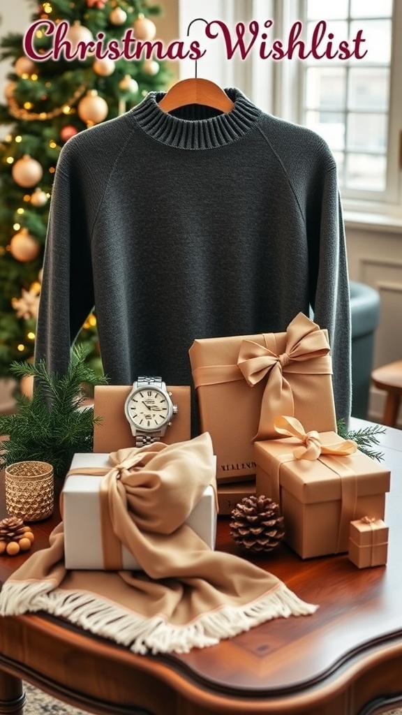 Classic Old Money Christmas Wishlist An elegant Christmas wishlist with luxury gifts on a wooden table beside a decorated Christmas tree.